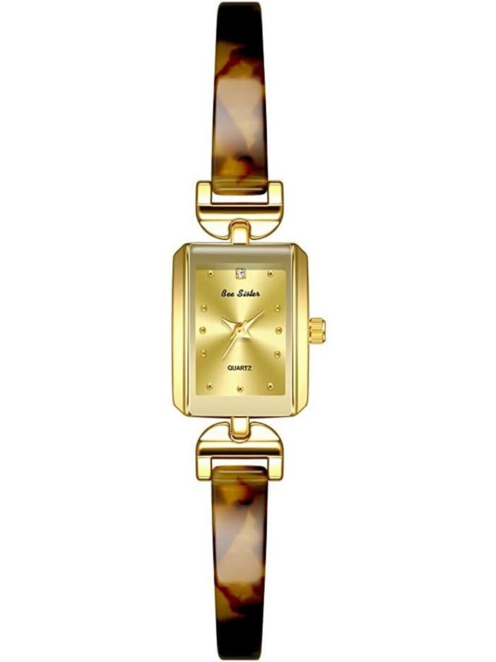 Elegant Vintage Rectangle Quartz Watch | Golden Bracelet & Tortoise Shell Band